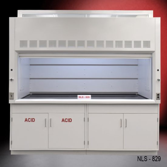 Front view of an 8 Foot x 4 Foot Fisher American Fume Hood with one acid cabinet and one general storage cabinet