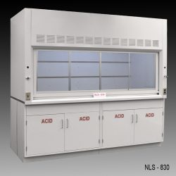 Front view of 8 Foot by 4 Foot Fisher American Fume Hood with two acid cabinets