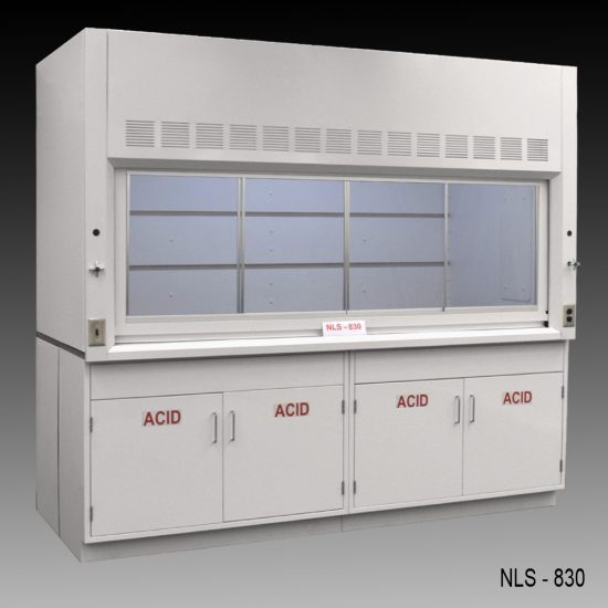 Front view of 8 Foot by 4 Foot Fisher American Fume Hood with two acid cabinets