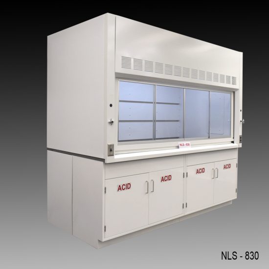 Angled view of 8 Foot by 4 Foot Fisher American Fume Hood with two acid cabinets