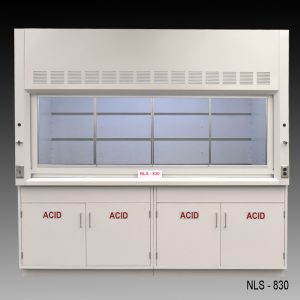 Front view of 8 Foot by 4 Foot Fisher American Fume Hood with two acid cabinets. Sash is closed.