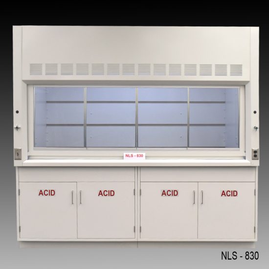 Front view of 8 Foot by 4 Foot Fisher American Fume Hood with two acid cabinets. Sash is closed.