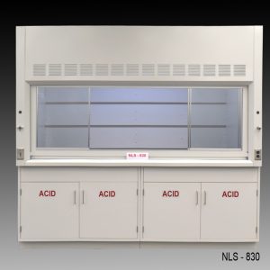 Front view of 8 Foot by 4 Foot Fisher American Fume Hood with two acid cabinets