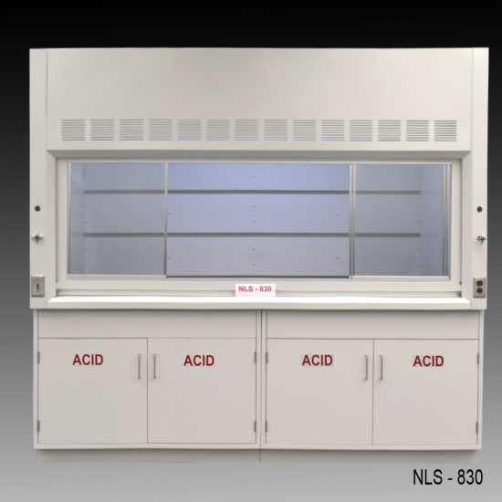 Front view of 8 Foot by 4 Foot Fisher American Fume Hood with two acid cabinets