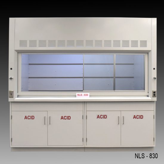 Front view of 8 Foot by 4 Foot Fisher American Fume Hood with two acid cabinets