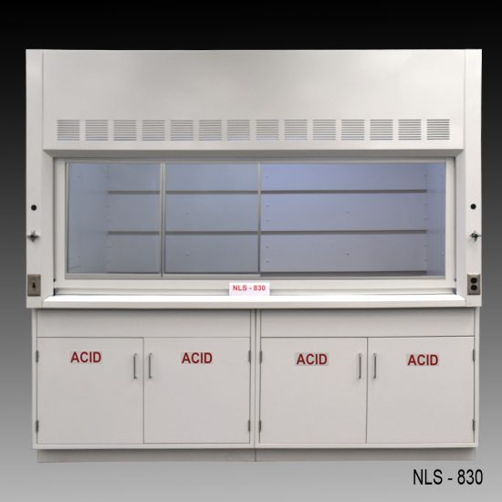 Front view of 8 Foot by 4 Foot Fisher American Fume Hood with two acid cabinets. Sash is partially open.