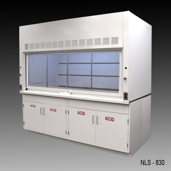 Angled front view of 8 Foot by 4 Foot Fisher American Fume Hood with two acid cabinets
