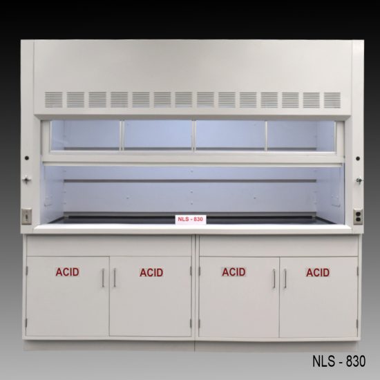 Front view of 8 Foot by 4 Foot Fisher American Fume Hood with two acid cabinets