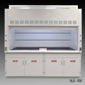 Front view of 8 Foot by 4 Foot Fisher American Fume Hood with two acid cabinets. Sash is open.