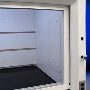 8′ x 4′ Fisher American Fume Hood w/ Blue Cabinets inside close up