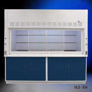 8′ x 4′ Fisher American Fume Hood w/ Blue Cabinets front partially open