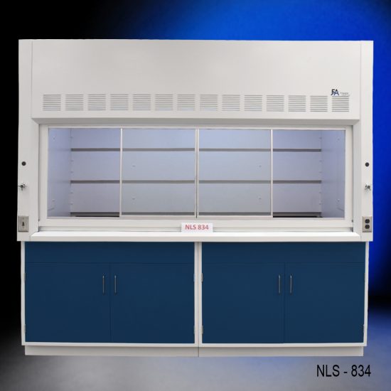 8′ x 4′ Fisher American Fume Hood w/ Blue Cabinets front partially open