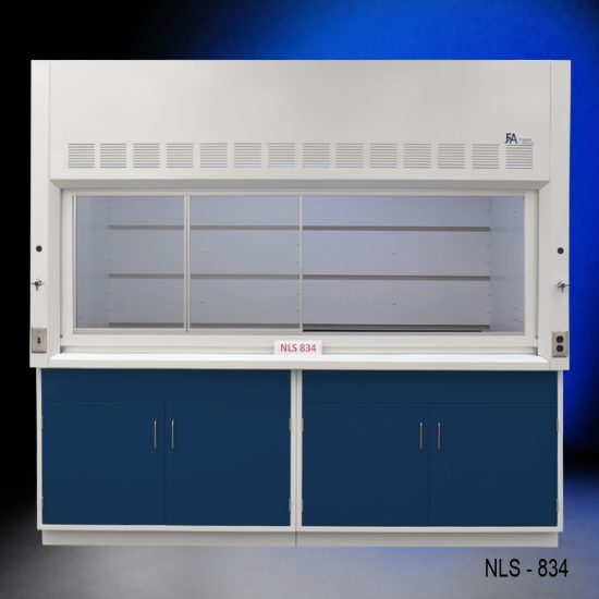 8′ x 4′ Fisher American Fume Hood w/ Blue Cabinets partial open
