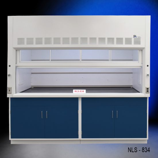 8′ x 4′ Fisher American Fume Hood w/ Blue Cabinets front