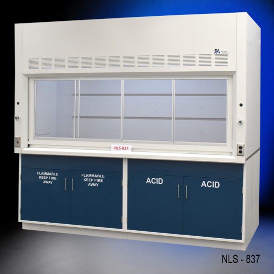 White fume hood with two blue flammable storage cabinets and two blue acid storage cabinets.