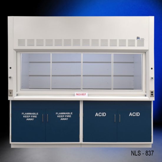 White fume hood with two blue flammable storage cabinets and two blue acid storage cabinets.