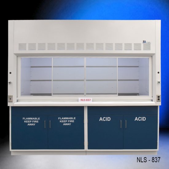 White fume hood with two blue flammable storage cabinets and two blue acid storage cabinets.