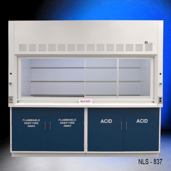 White fume hood with two blue flammable storage cabinets and two blue acid storage cabinets.