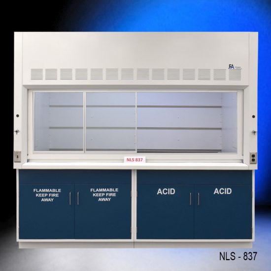 White fume hood with two blue flammable storage cabinets and two blue acid storage cabinets.