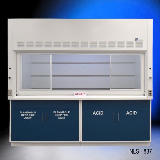 White fume hood with two blue flammable storage cabinets and two blue acid storage cabinets.