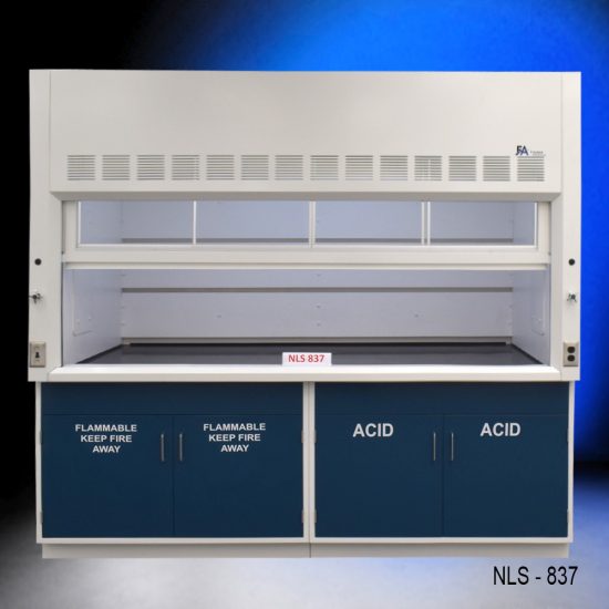 White fume hood with two blue flammable storage cabinets and two blue acid storage cabinets.