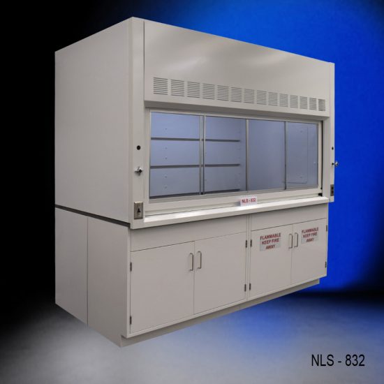 Laboratory fume hood, model NLS-832, manufactured by Fisher American. Below the work area, there is cabinetry with double-door compartments labeled "FLAMMABLE KEEP FIRE AWAY,"