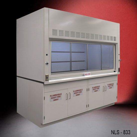 Laboratory fume hood, model NLS-833, manufactured by Fisher American. It features a work area with a sliding sash for easy access and visibility.
