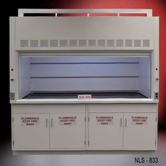 Laboratory fume hood, model NLS-833, manufactured by Fisher American. It features a spacious work area with a wide viewing sash for easy access and visibility. Above the chamber are ventilation slats for effective air exhaust. Below the work area, there is cabinetry with double-door compartments labeled "FLAMMABLE KEEP FIRE AWAY," designed for safe storage of flammable materials. The fume hood has a robust build and is situated against a red background.