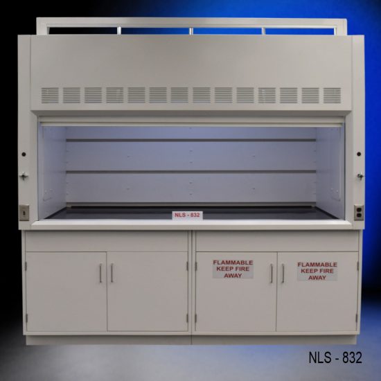 Laboratory fume hood, model NLS-832, manufactured by Fisher American. It features a spacious work area with a wide viewing sash for easy access and visibility. Above the chamber are ventilation slats for effective air exhaust. Below the work area, there is cabinetry with blue double-door compartments labeled "FLAMMABLE KEEP FIRE AWAY," designed for safe storage of flammable materials. The fume hood has a robust build and is situated against a blue background.
