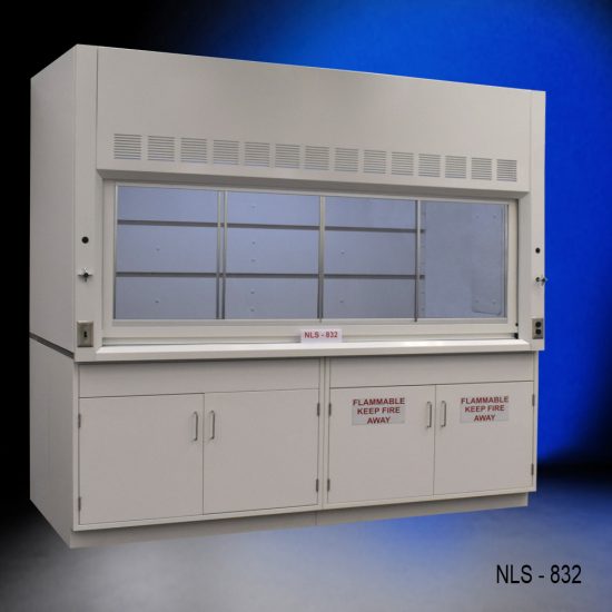 Used white fume hood with two flammable cabinets and two general storage cabinets.