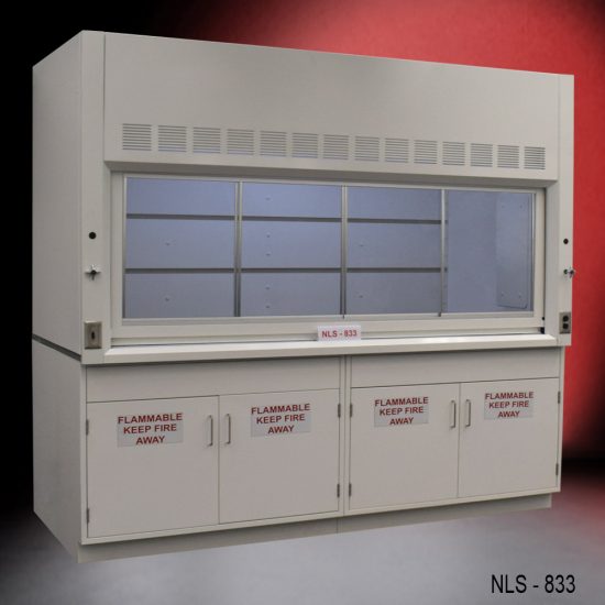 Laboratory fume hood, model NLS-833, manufactured by Fisher American. It features a work area with a sliding sash for easy access and visibility. Above the chamber are slats for air exhaust.