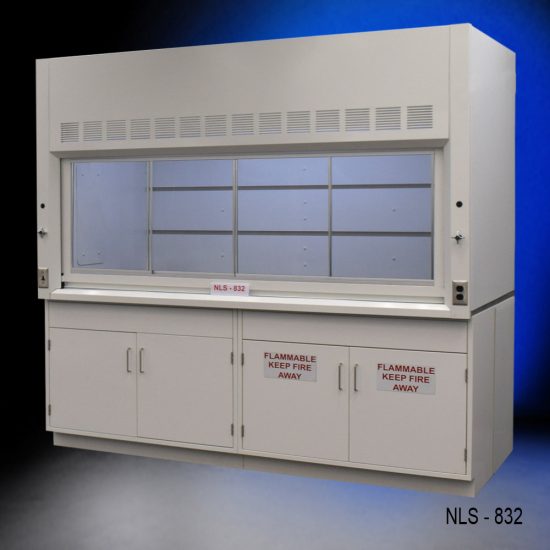 Laboratory fume hood, model NLS-832, manufactured by Fisher American. Below the work area, there is cabinetry with double-door compartments labeled "FLAMMABLE KEEP FIRE AWAY," designed for storage of flammable materials.