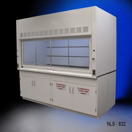 Laboratory fume hood, model NLS-832, manufactured by Fisher American. Above the chamber are ventilation slats for effective air exhaust. Below the work area, there is cabinetry with double-door compartments labeled "FLAMMABLE KEEP FIRE AWAY," designed for storage of flammable materials.