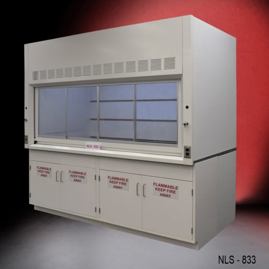 Laboratory fume hood, model NLS-833, manufactured by Fisher American. It features a work area with a sliding sash for easy access and visibility. Above the chamber are slats for air exhaust. Below the work area, there cabinets labeled "FLAMMABLE KEEP FIRE AWAY," designed for safe storage of flammable materials.