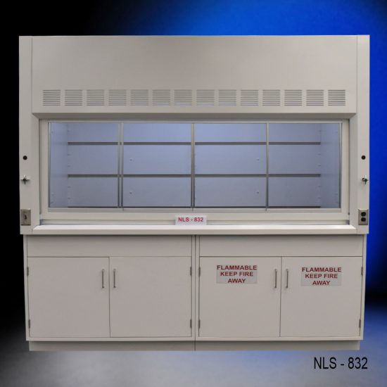 Laboratory fume hood, model NLS-832, manufactured by Fisher American. Above the chamber are ventilation slats for effective air exhaust. Below the work area, there is cabinetry with blue double-door compartments labeled "FLAMMABLE KEEP FIRE AWAY," designed for storage of flammable materials.