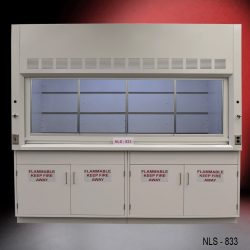Used white fume hood with four flammable storage cabinets.