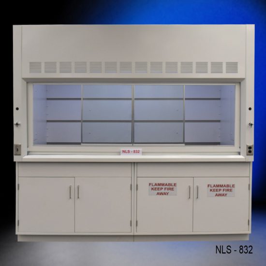 Laboratory fume hood, model NLS-832, manufactured by Fisher American. It features a work area with a wide viewing sash for easy access and visibility. Above the chamber are ventilation slats for effective air exhaust. Below the work area, there is cabinetry with blue double-door compartments labeled "FLAMMABLE KEEP FIRE AWAY," designed for safe storage of flammable materials.