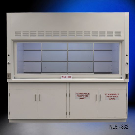 Used white fume hood with two flammable cabinets and two general storage cabinets.