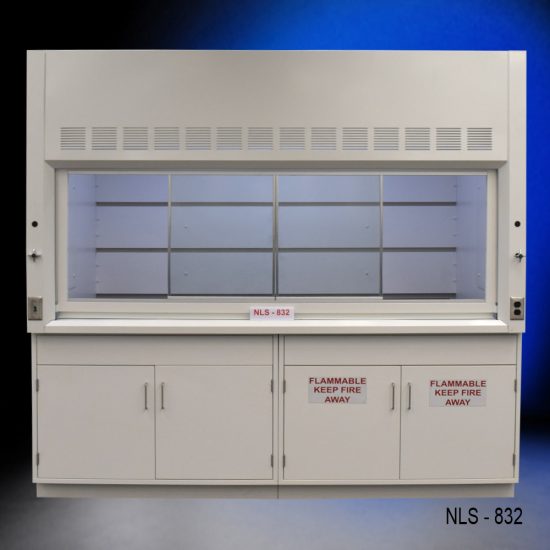 Laboratory fume hood, model NLS-832, manufactured by Fisher American. It features a work area with a wide viewing sash for easy access and visibility. Above the chamber are ventilation slats for effective air exhaust. Below the work area, there is cabinetry with blue double-door compartments labeled "FLAMMABLE KEEP FIRE AWAY," designed for storage of flammable materials.