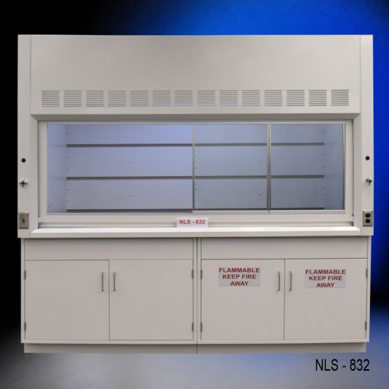 Used white fume hood with two flammable cabinets and two general storage cabinets.