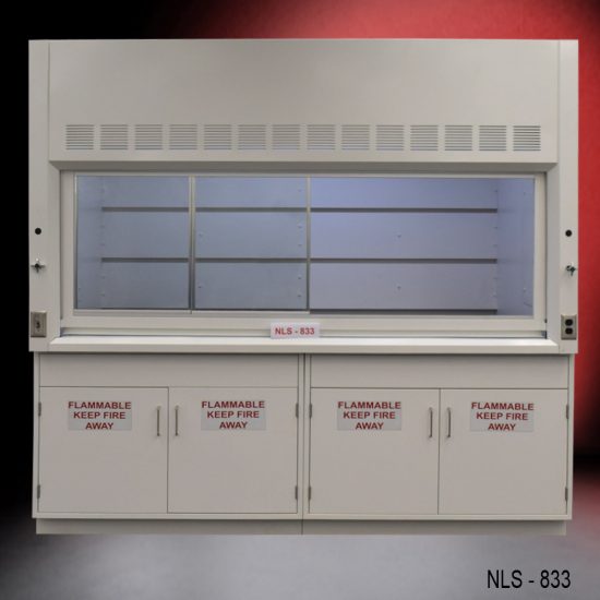 Laboratory fume hood, model NLS-833, manufactured by Fisher American. It features a spacious work area with a wide viewing sash for easy access and visibility. Above the chamber are ventilation slats for air exhaust. Below the work area, there is cabinetry with double-door compartments labeled "FLAMMABLE KEEP FIRE AWAY," designed for safe storage of flammable materials.