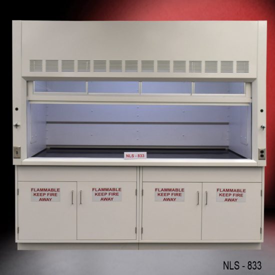 Used white fume hood with four flammable storage cabinets.