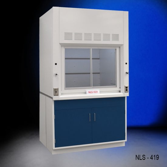 Angled view of Fisher American 4x4 Foot Fume Hood with blue storage cabinet