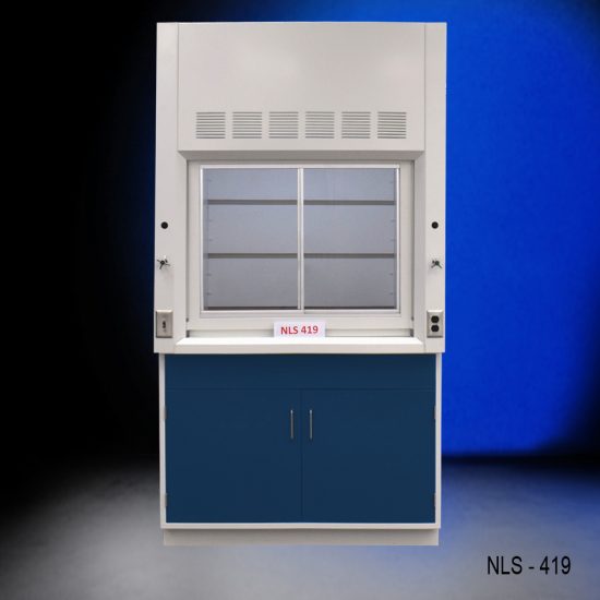 Front view of Fisher American 4x4 Foot Fume Hood with storage cabinet