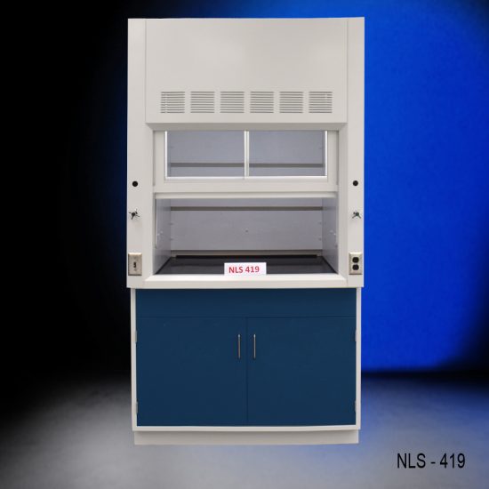 Front view of Fisher American 4x4 Foot Fume Hood with storage cabinet