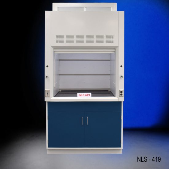 Front view of Fisher American 4x4 Foot Fume Hood with storage cabinet