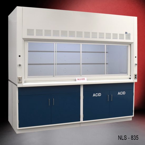 White fume hood with two blue acid cabinets and two general storage cabinets.