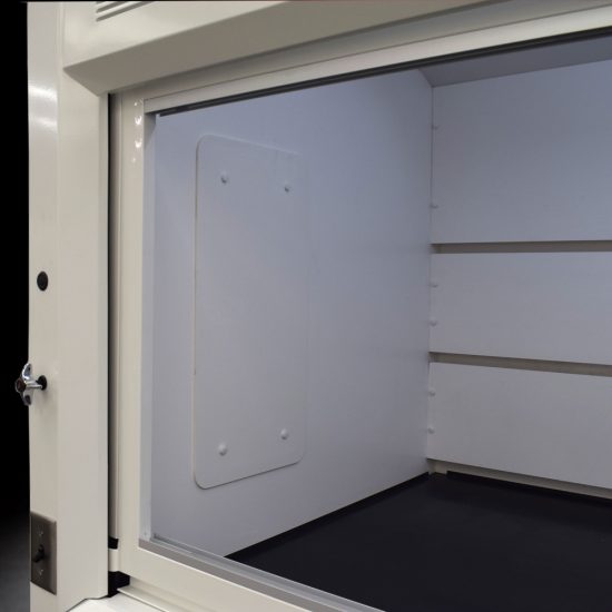 White fume hood with four blue acid storage cabinets.