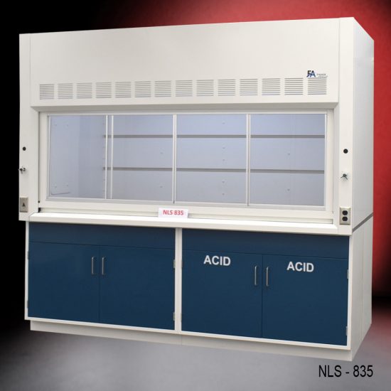 White fume hood with two blue acid cabinets and two general storage cabinets.