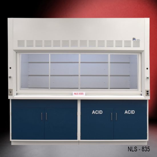 White fume hood with two blue acid cabinets and two general storage cabinets.